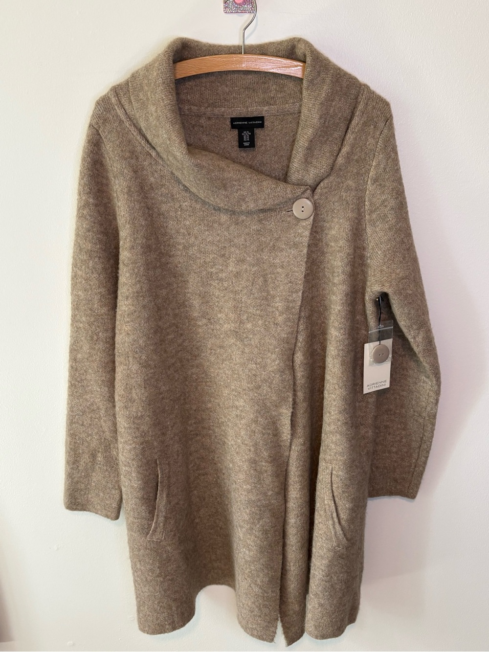 Adrienne Vitadinni Taupe Wool-Blend Button Sweater Wrap Cardigan Size XL